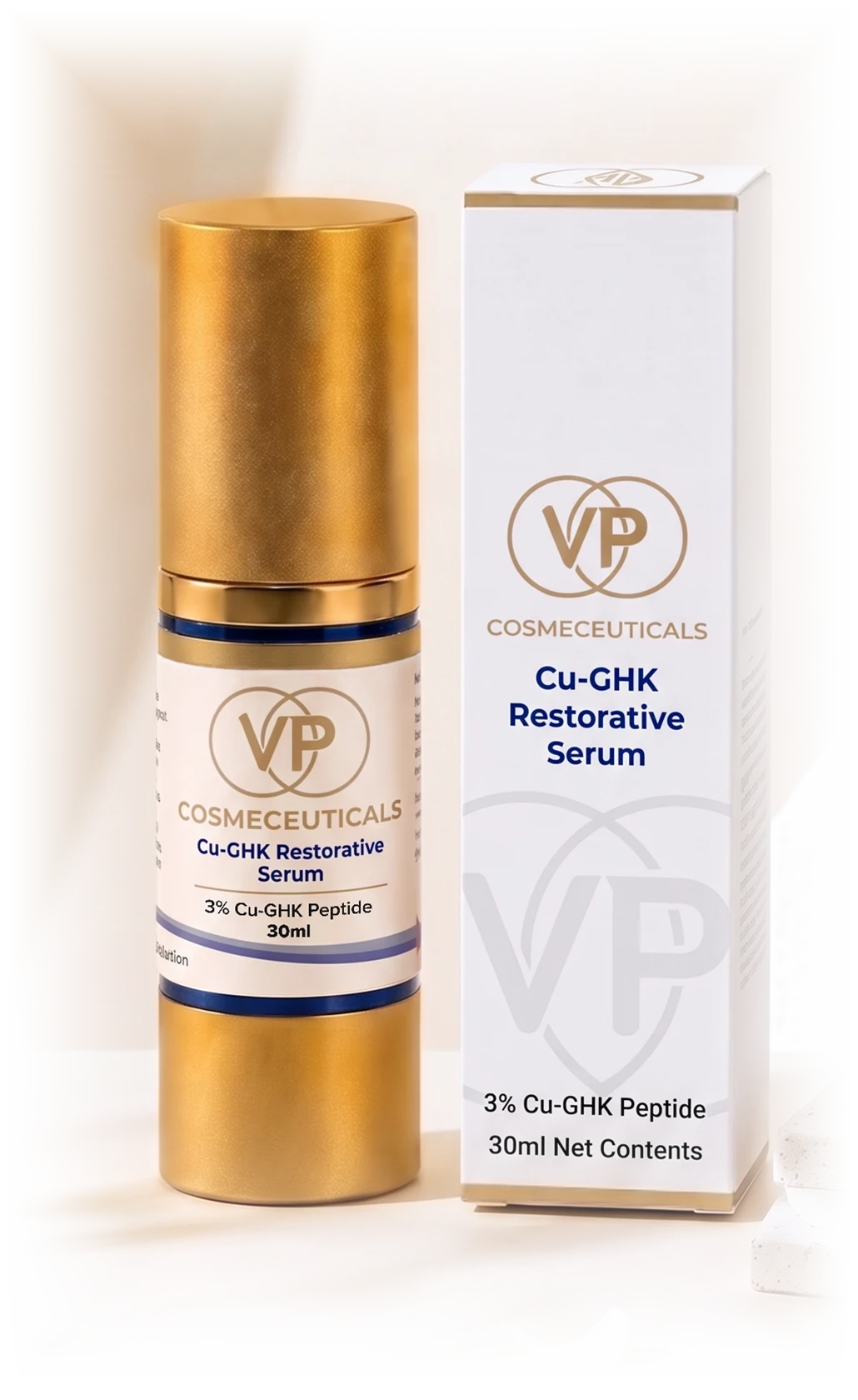 VP Cosmeceuticals Cu-GHK Restorative Serum with its packaging