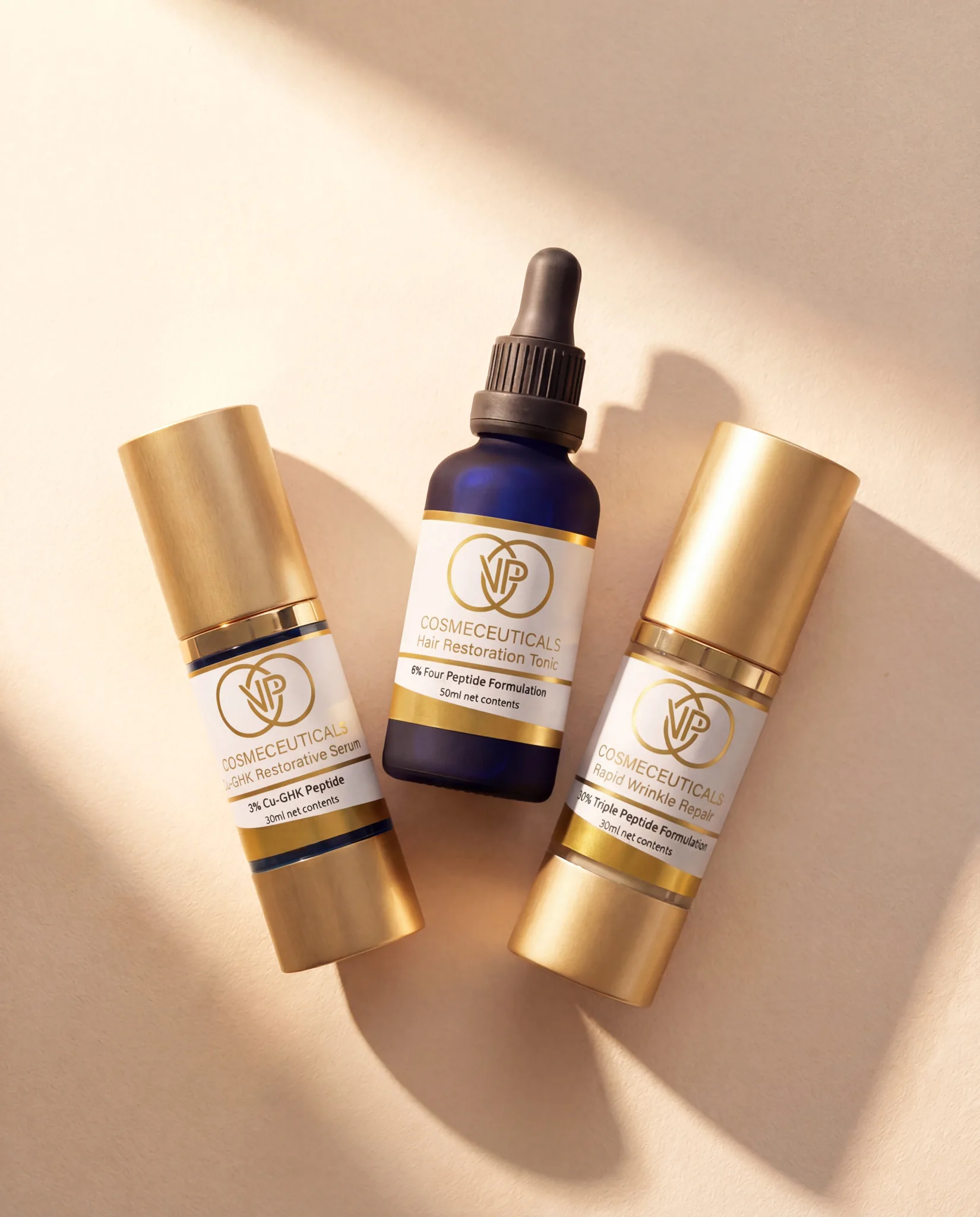 VP Cosmo serums and hair tonic in warm natural light